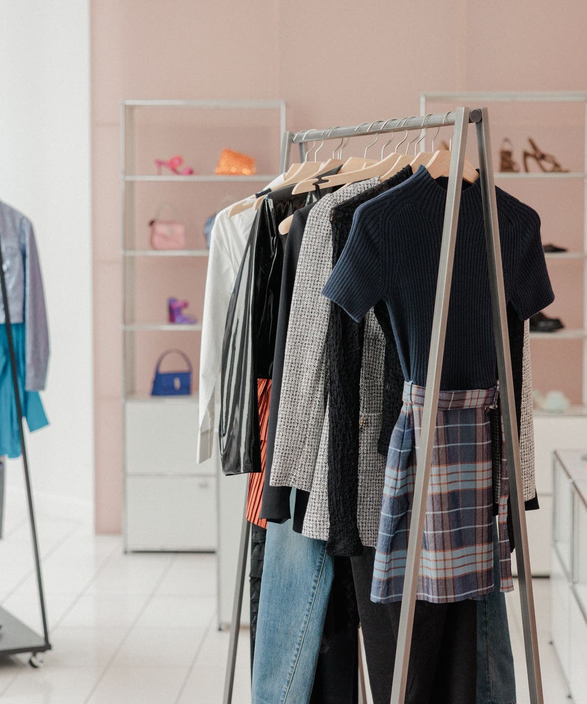 Clothing rack with accessories.