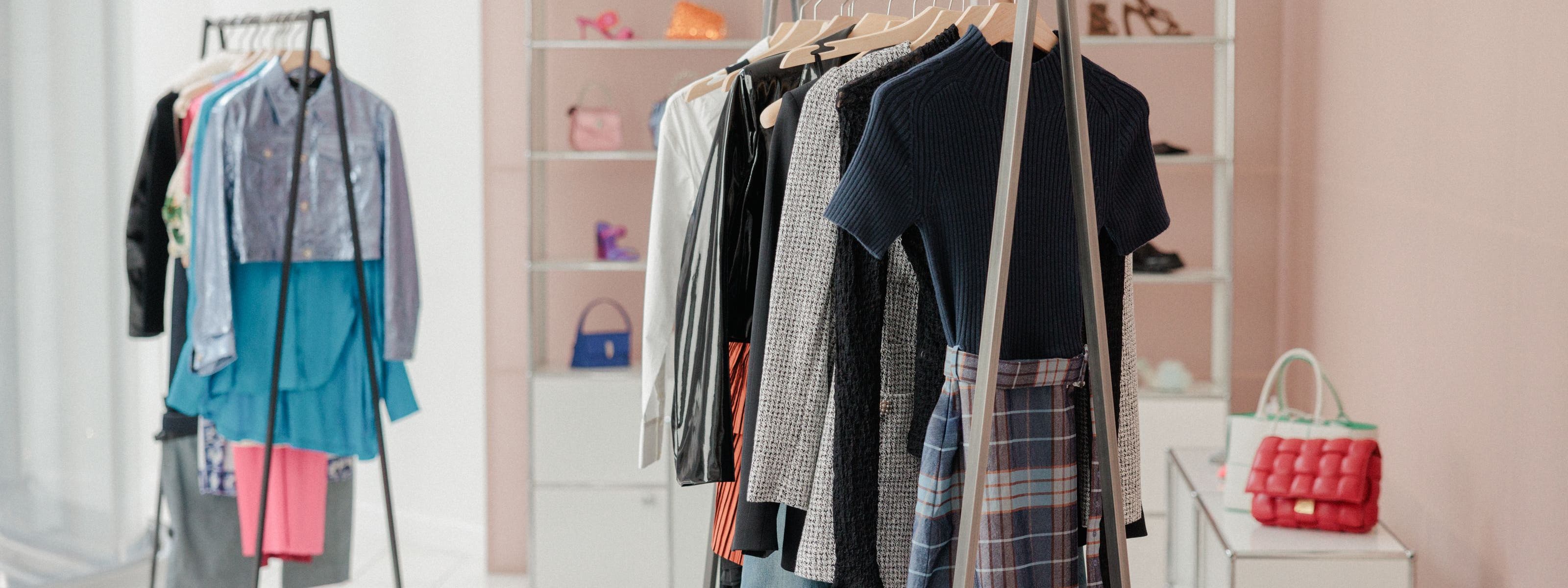 Clothing rack with accessories.