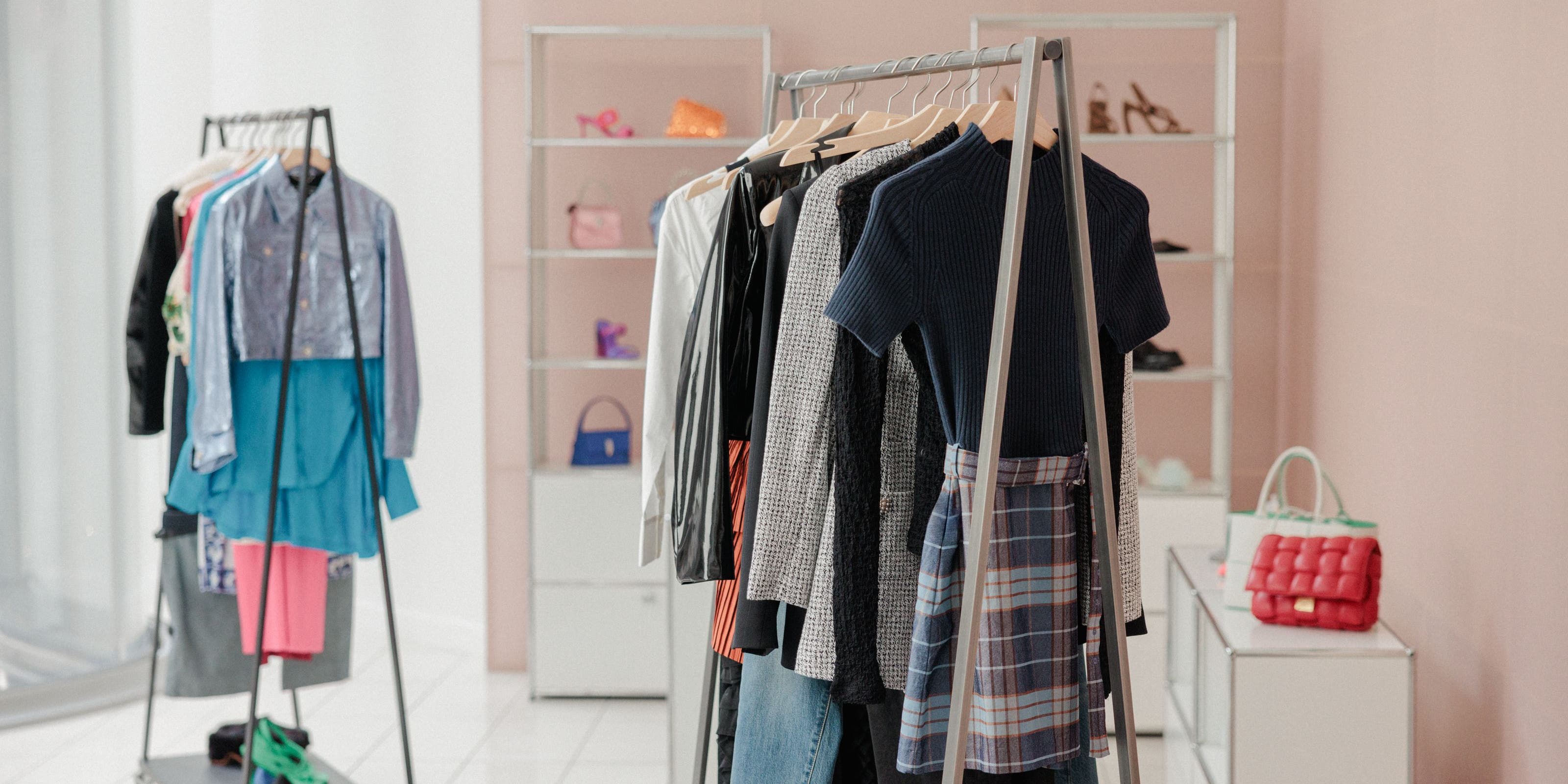 Clothing rack with accessories.