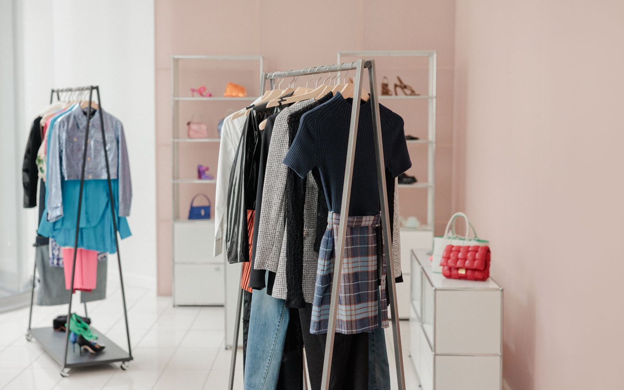 Clothing rack with accessories.