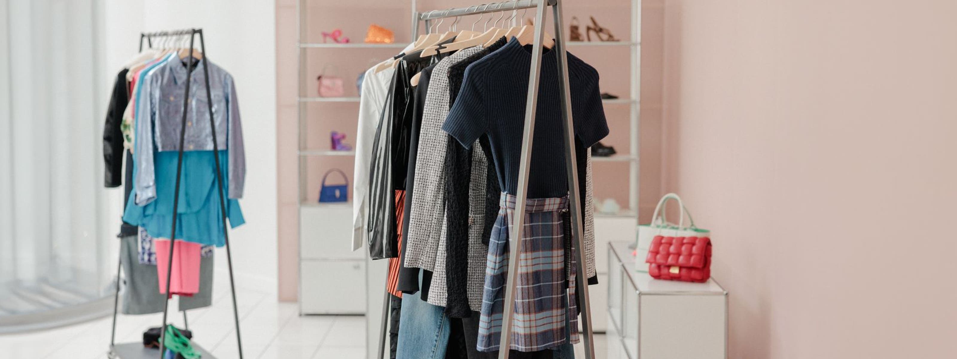 Clothing rack with accessories.