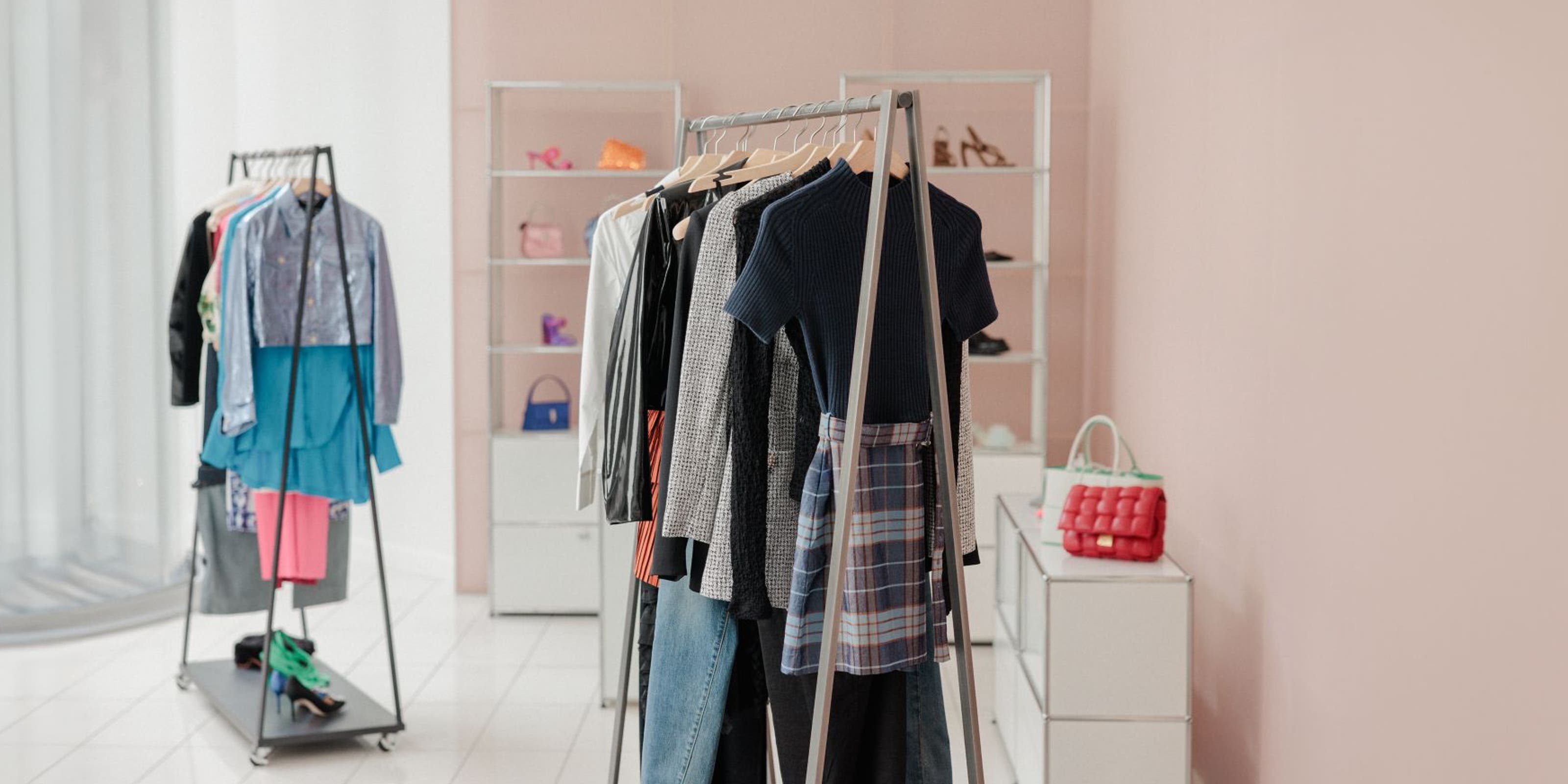 Clothing rack with accessories.