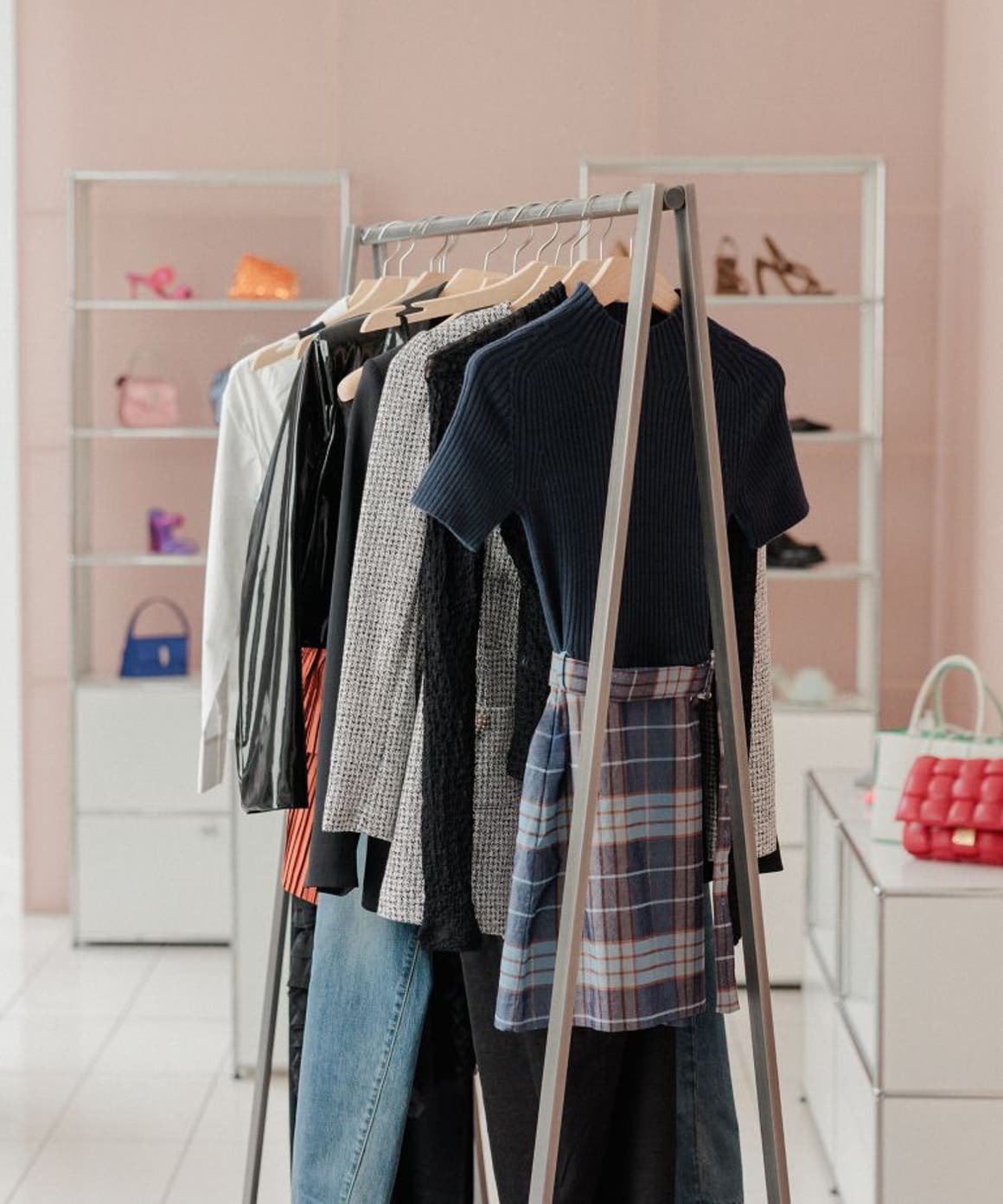 Clothing rack with accessories.