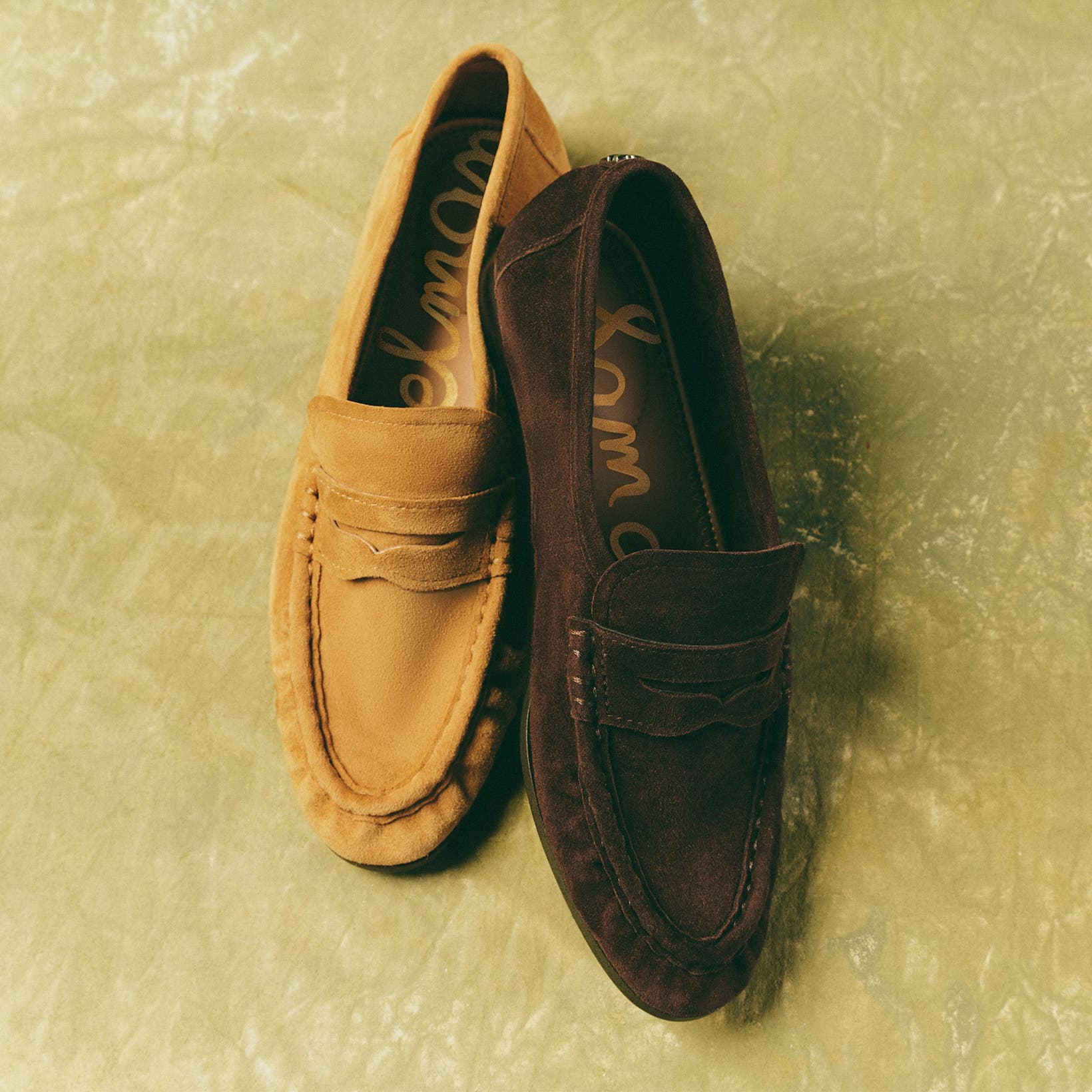 Sam Edelman loafers in tan and brown suede.