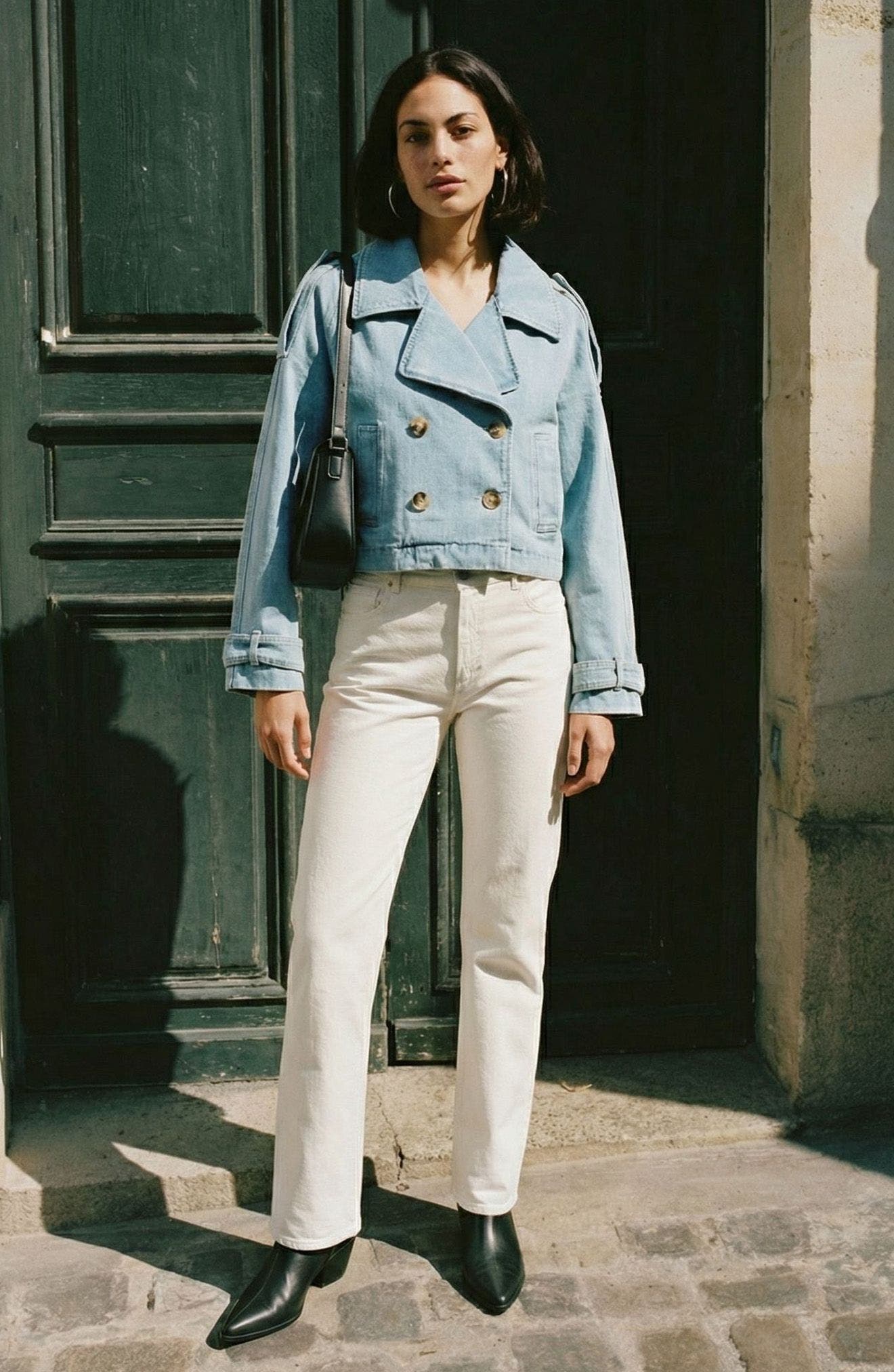 A woman in white jeans and a cropped light denim jacket.