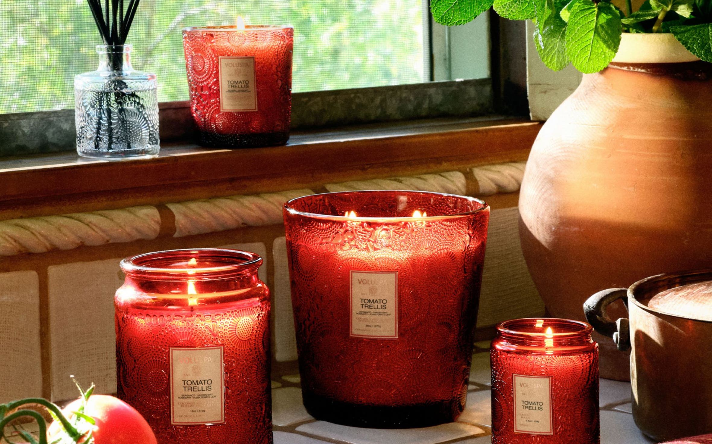 Tomato trellis candles by Voluspa in various sizes. 