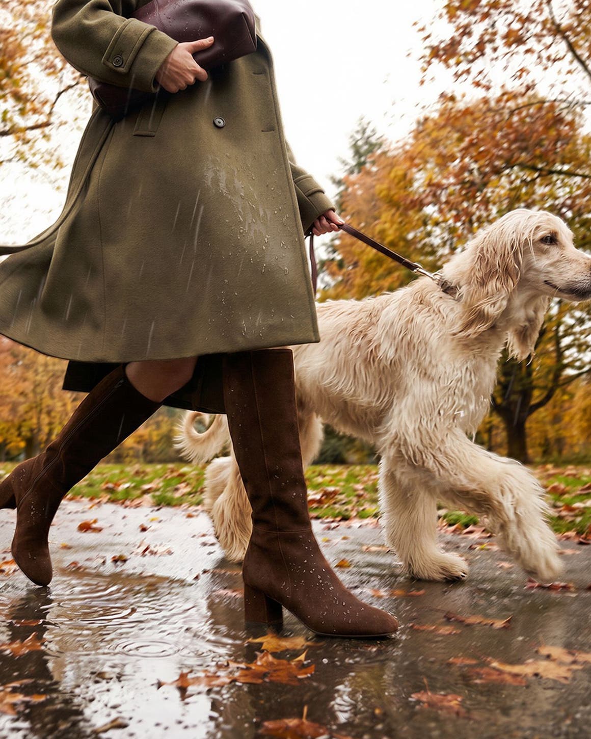 A woman in brown suede knee-high boots walking in the rain.