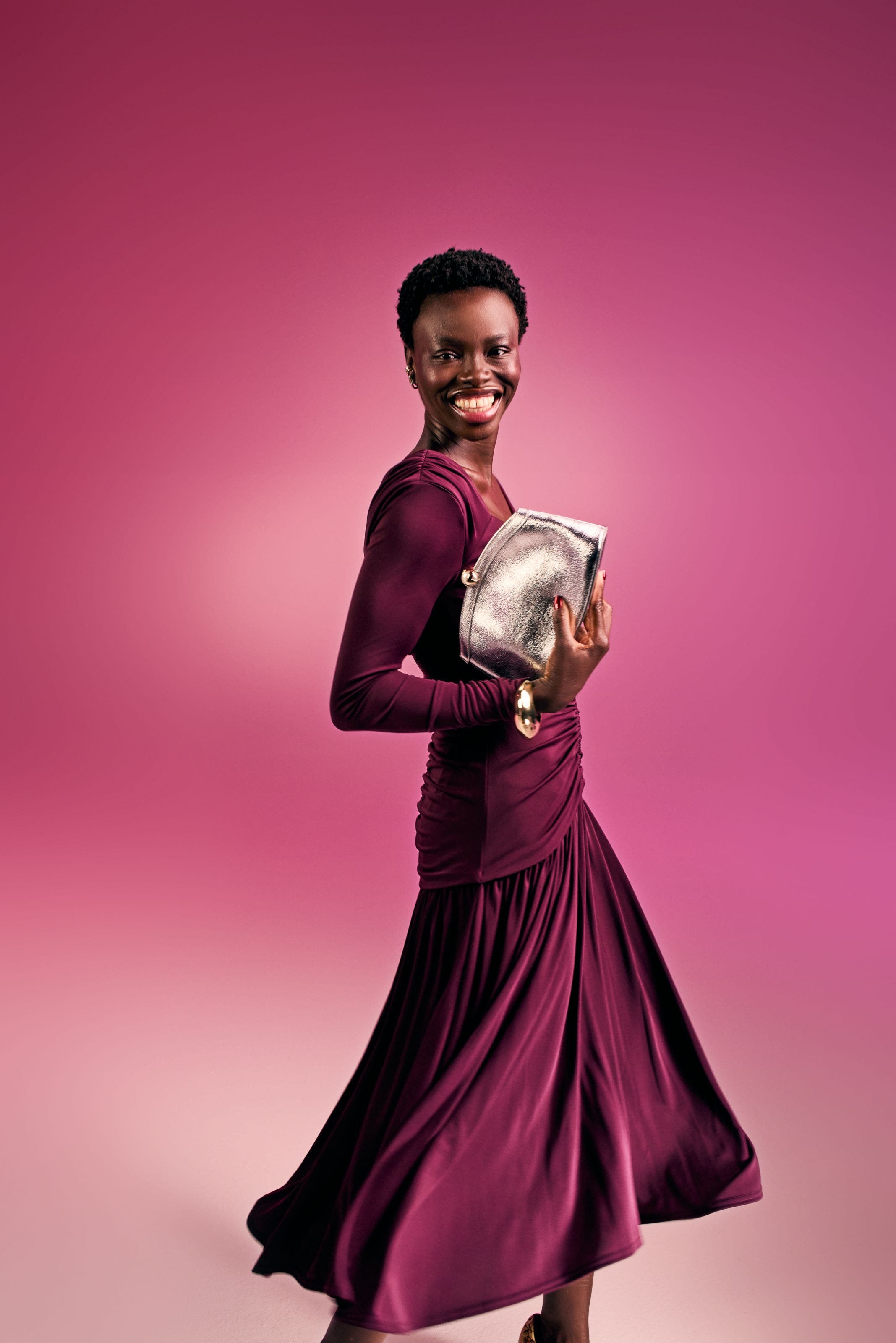 Woman in a purple dress.