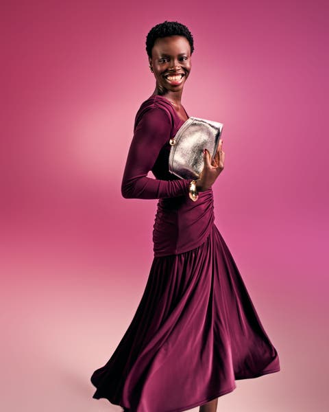 Woman in a purple dress.
