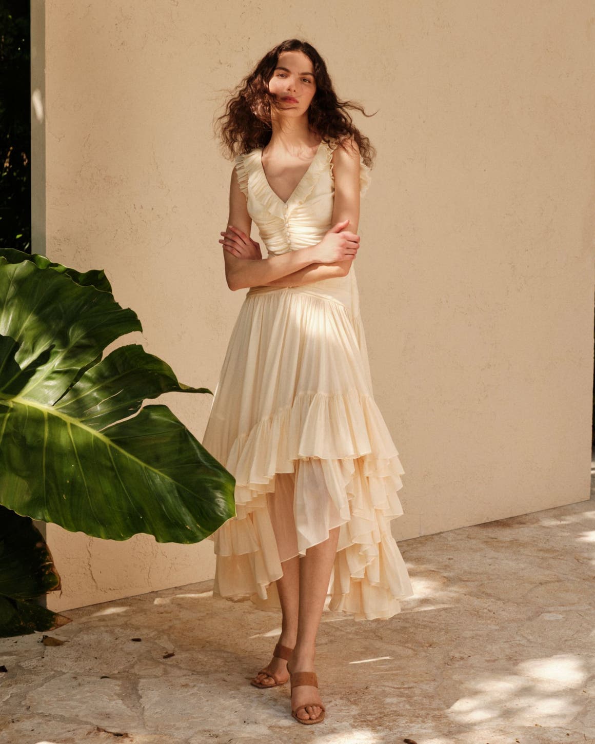 Woman wearing a Cinq a Sept dress standing in front of a wall and elephant ear plant.