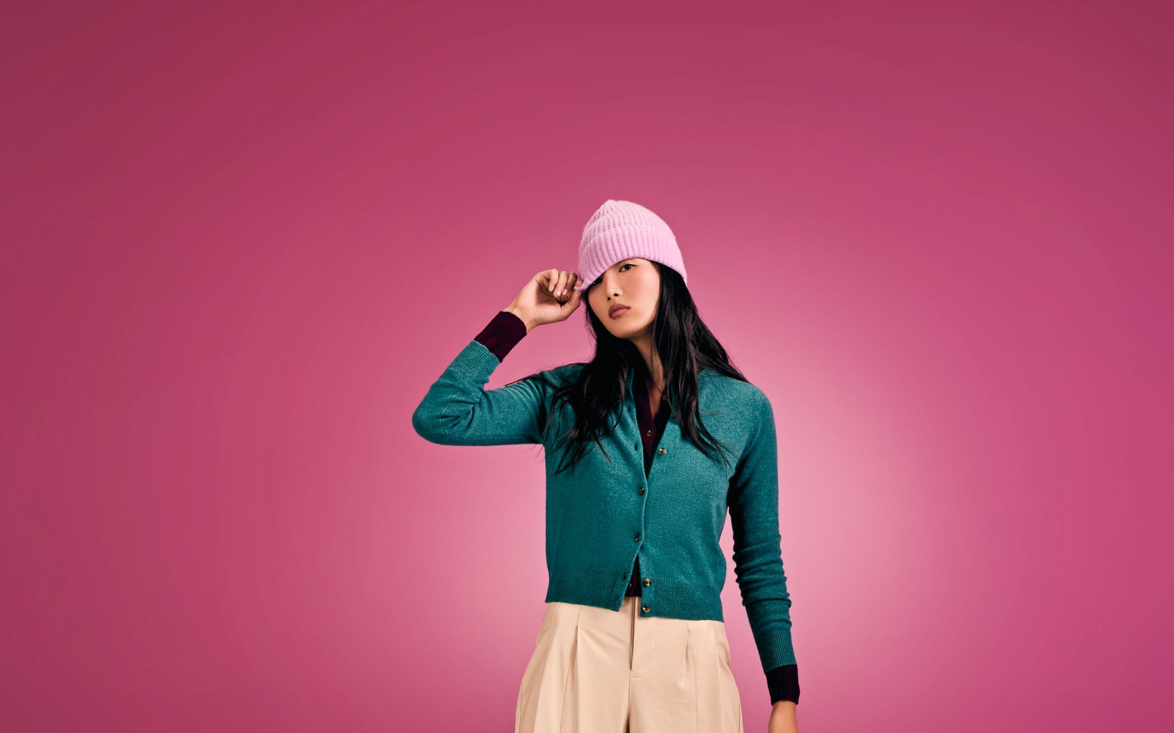 Woman in cashmere sweater.