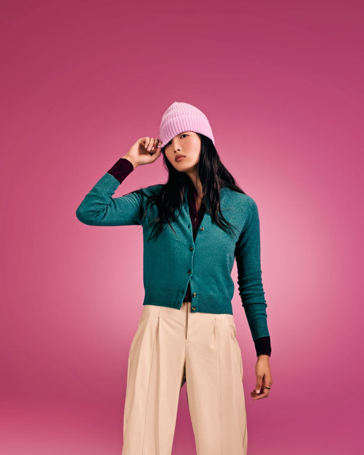Woman in cashmere sweater.