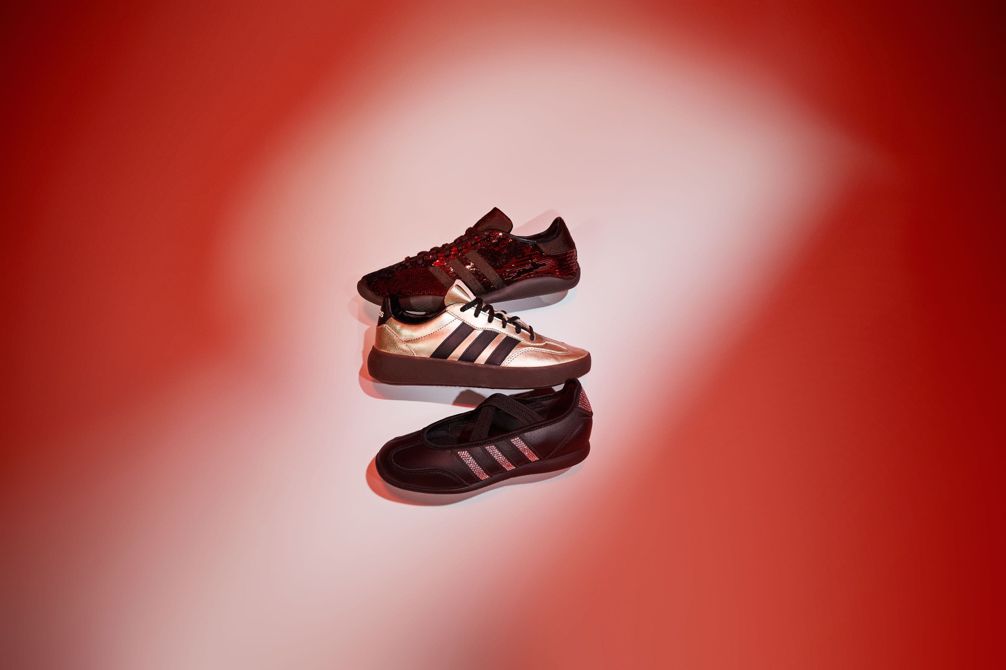Three sneakers in burgundy sequins, rose-gold leather, and crystal-striped brown.