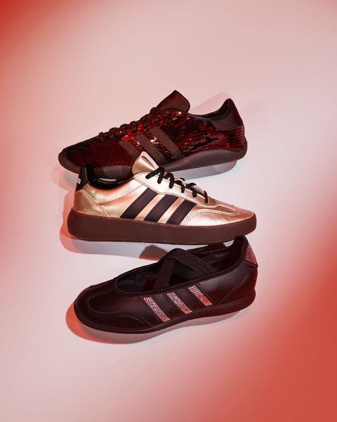 Three sneakers in burgundy sequins, rose-gold leather, and crystal-striped brown.
