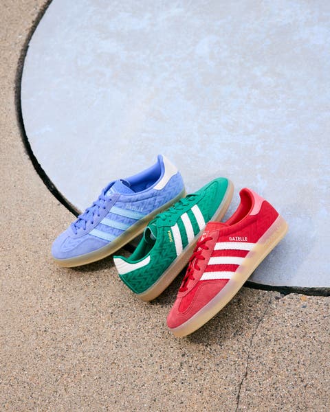 Blue, green, and red adidas shoes