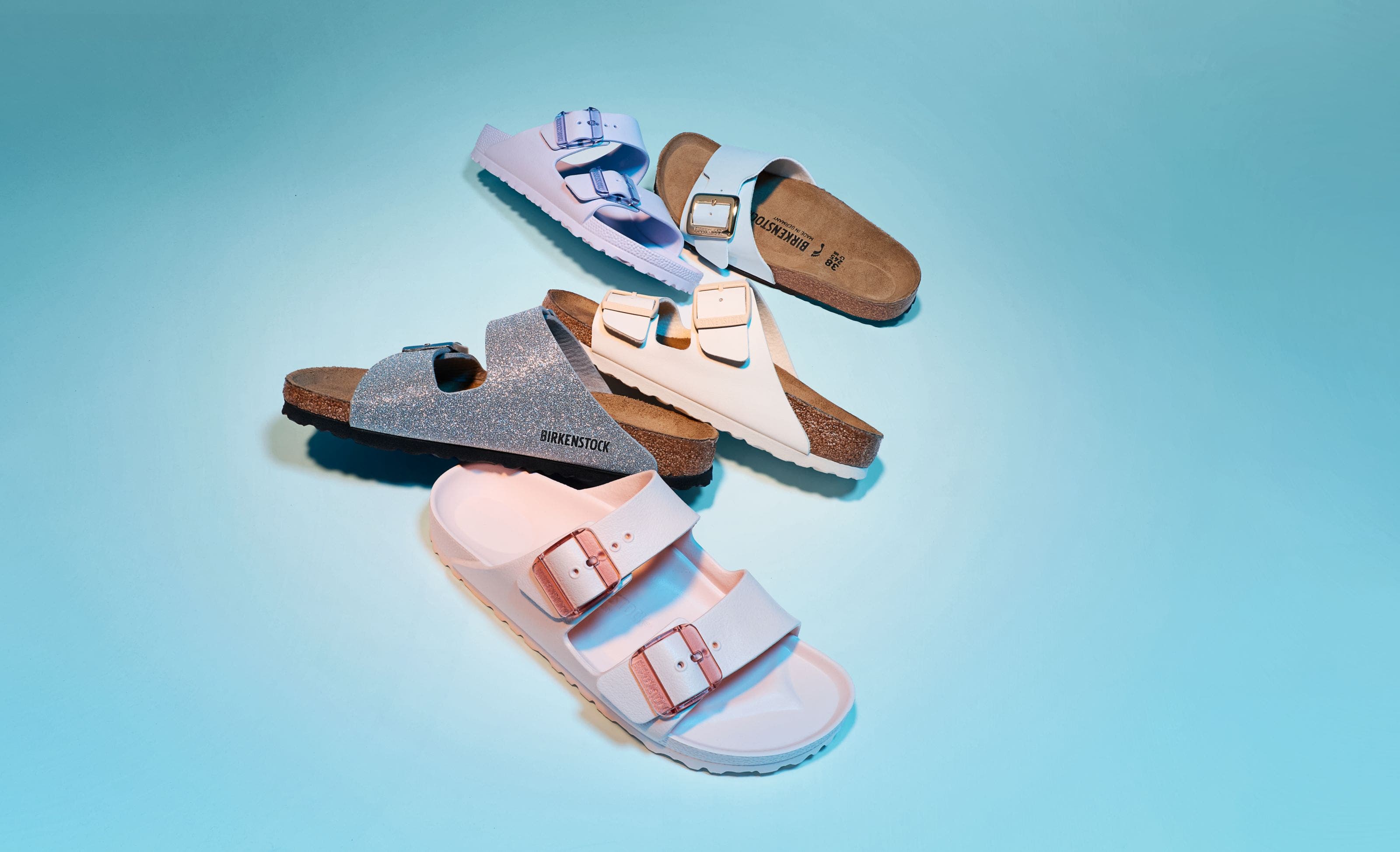 A variety of colorful Birkenstock sandals.