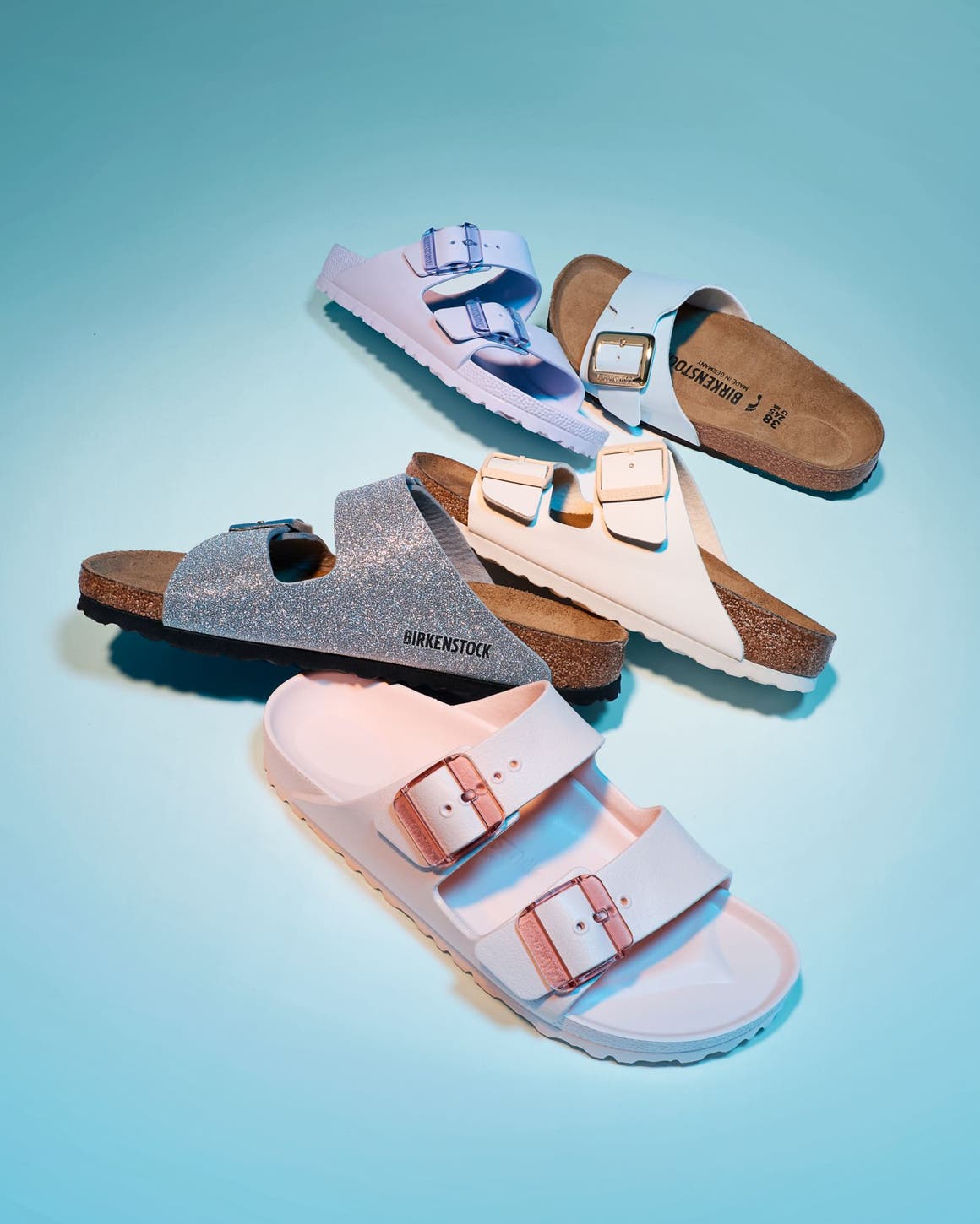 An assortment of Birkenstock sandal styles. 