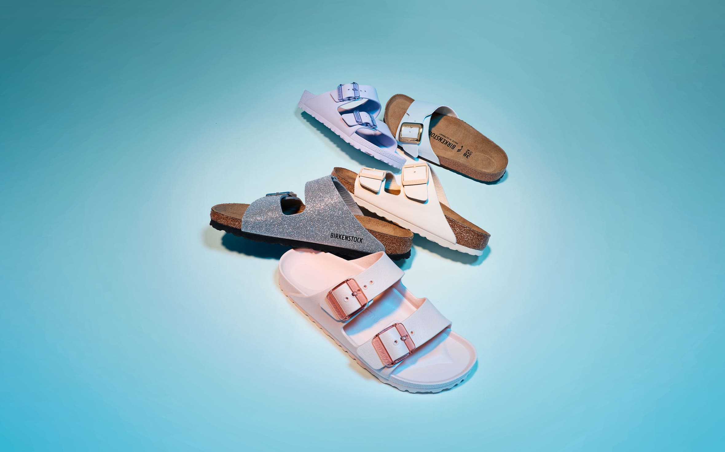 An assortment of Birkenstock sandal styles. 