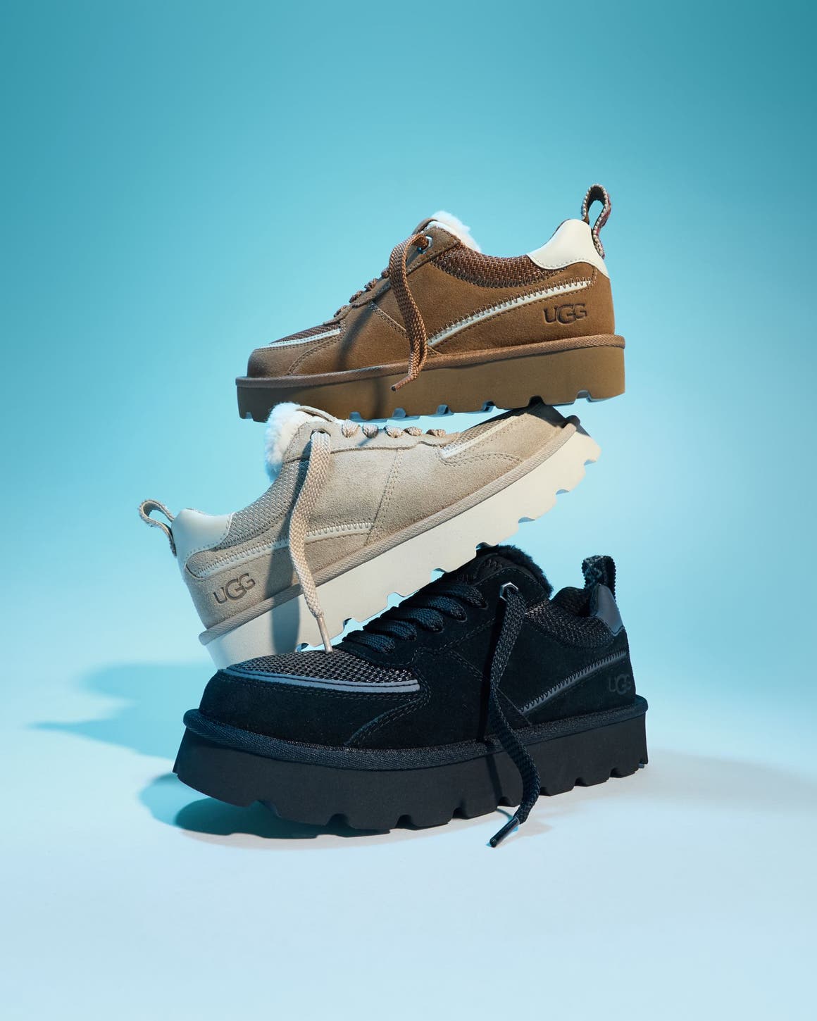 An UGG® sneaker in three different colors.  
