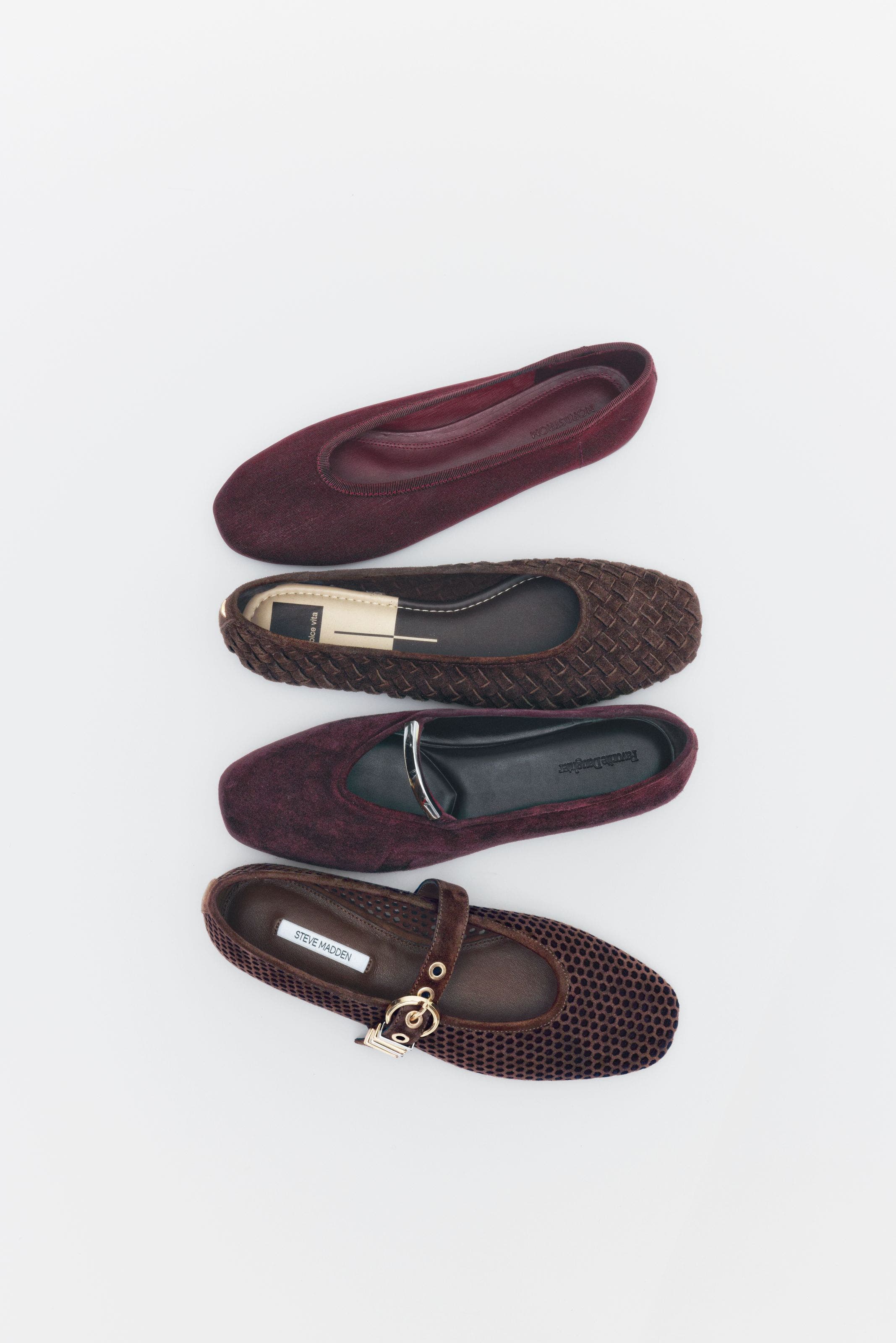 A lineup of flats in dark hues. 