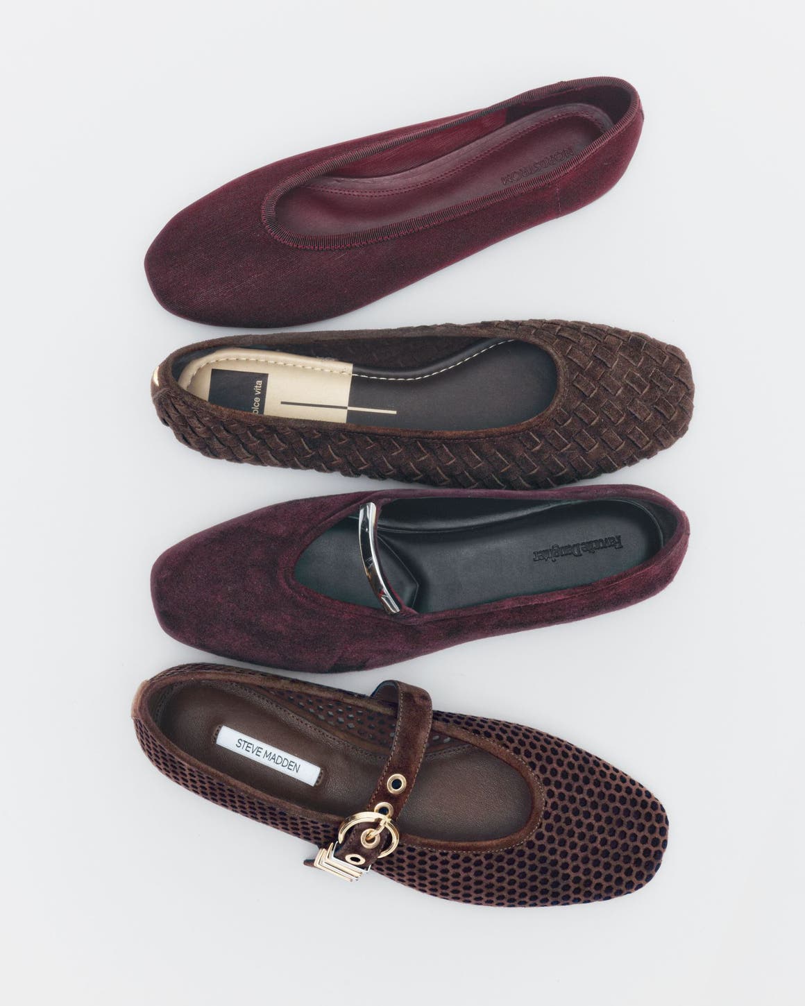 A lineup of flats in dark hues.
