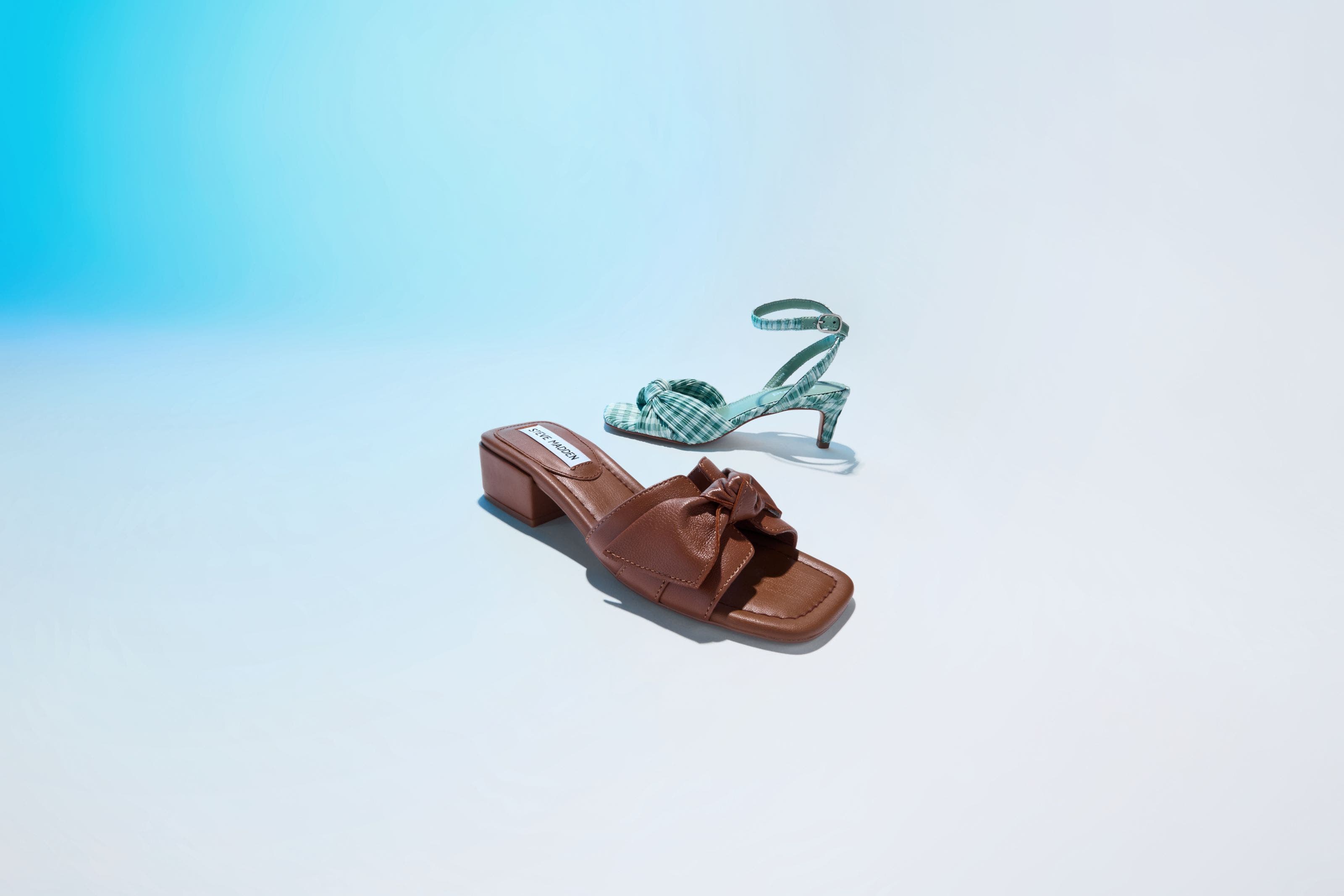A brown slide sandal and a gingham ankle-strap sandal.