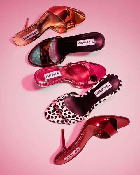 Five heeled sandals in metallic, tortoiseshell, and spotted styles.