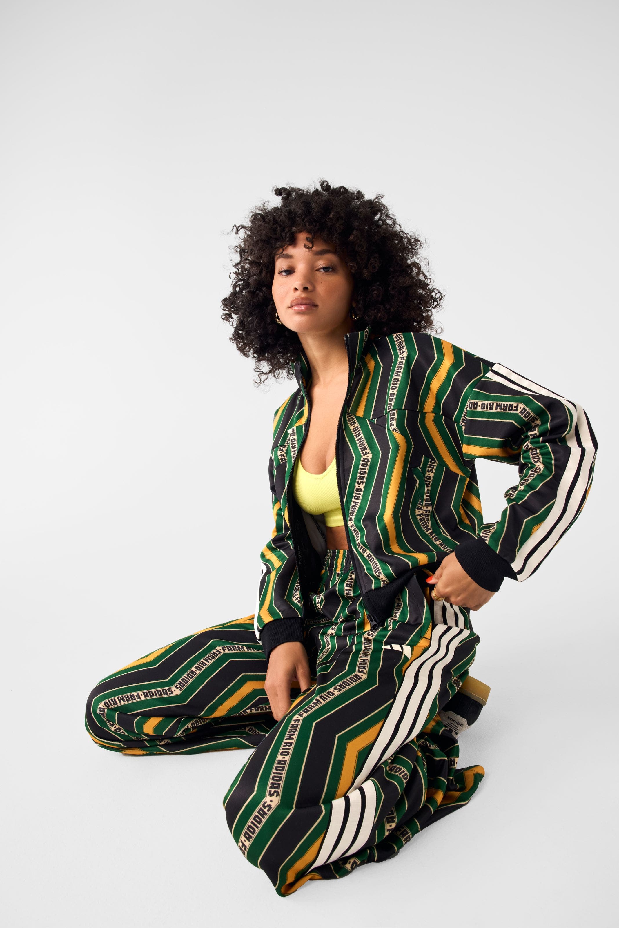 A young woman wearing a printed match set. 