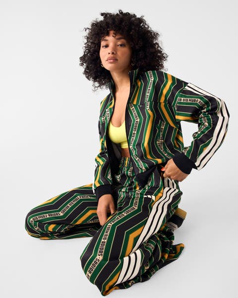 A young woman wearing a printed match set.