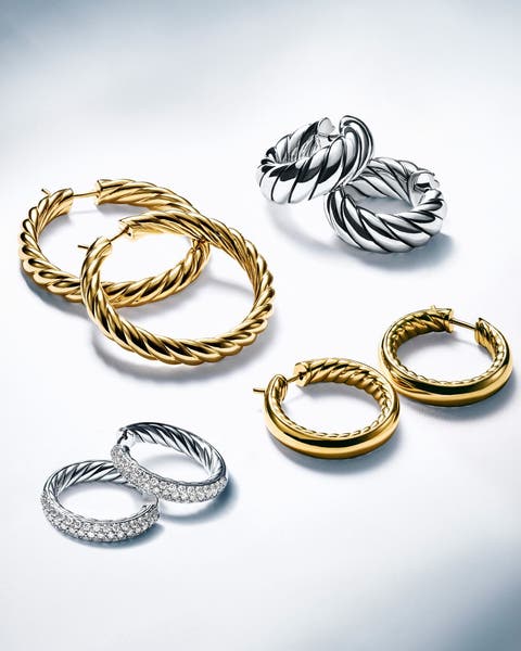 Silver and gold hoops in various sizes.