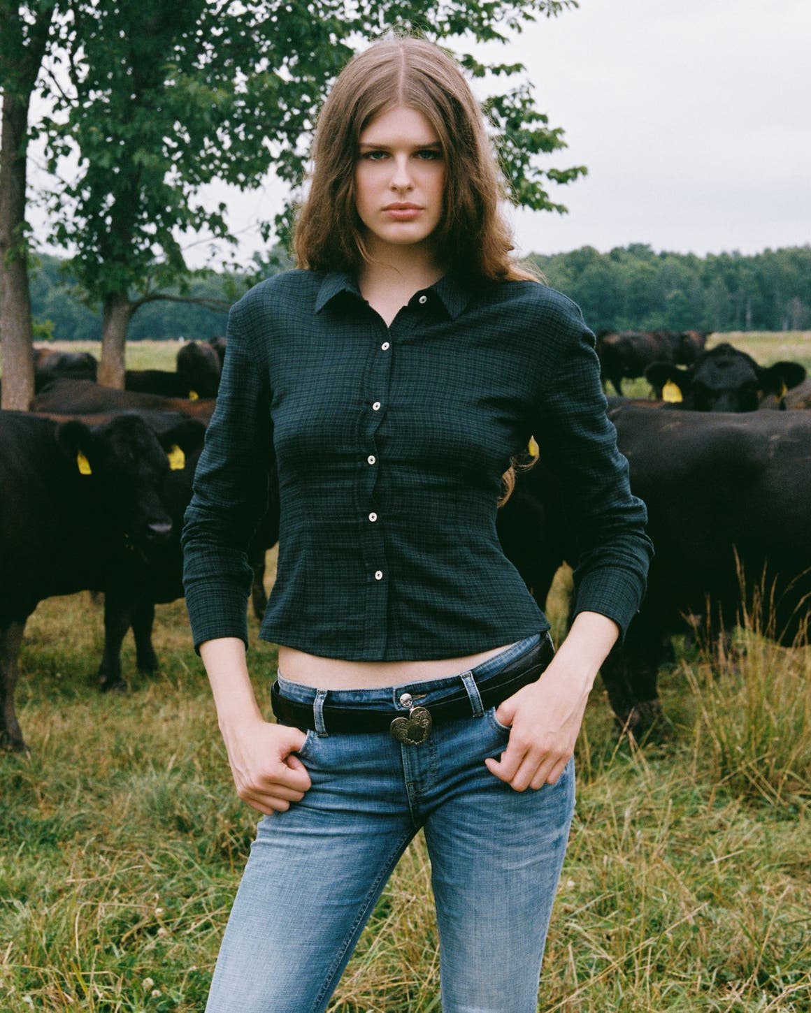 A woman wearing a button up shirt and a pair of low-rise denim.