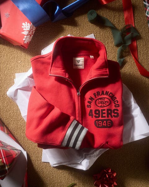 a 49er jacket folded up. 