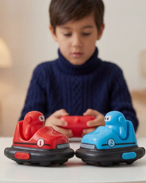 A boy playing with remote control bumper cars.