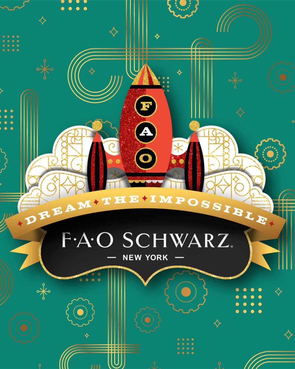 FAO Schwarz: dream the impossible. A rocket ship surrounded by a selection of toys.