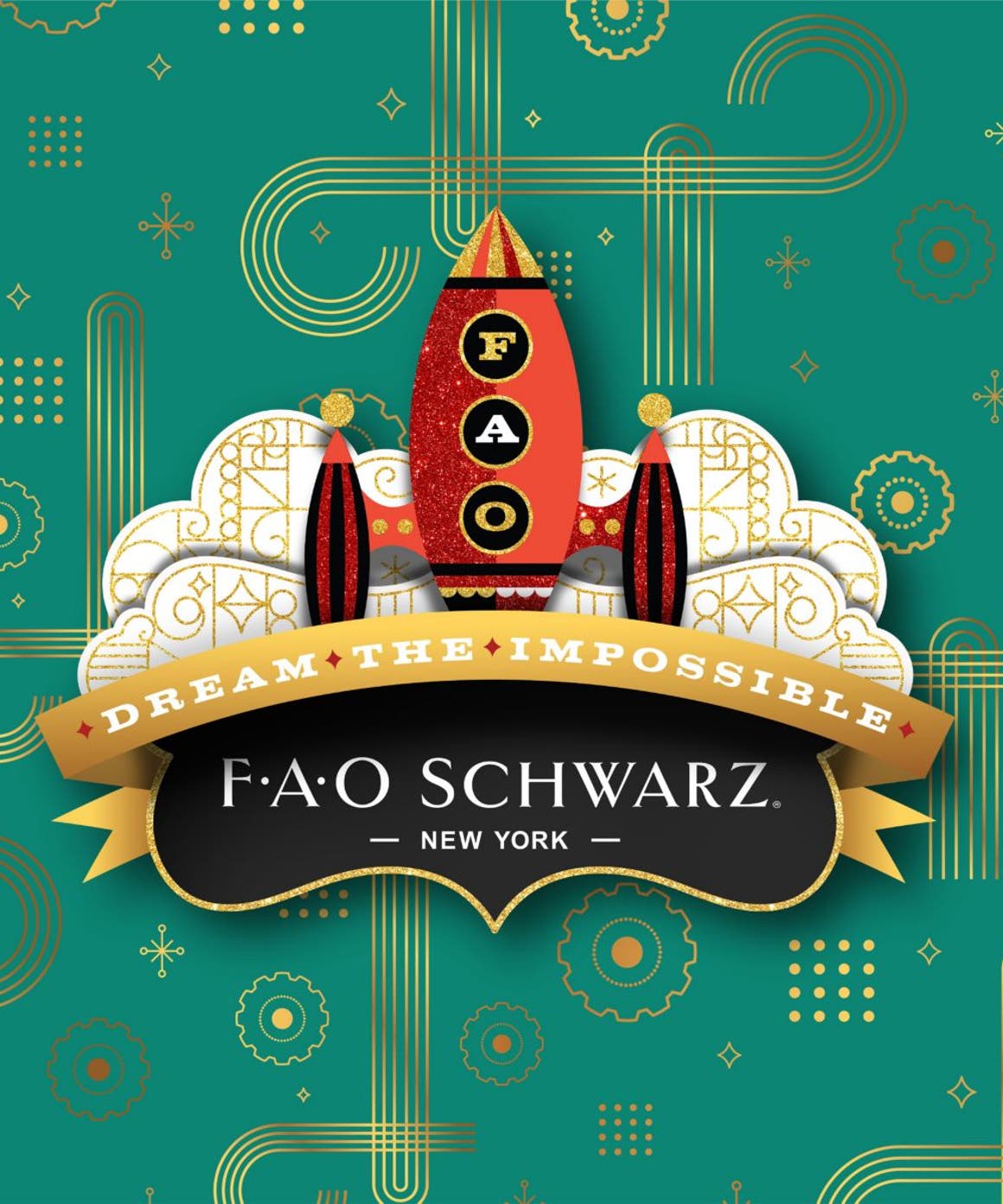 FAO Schwarz: dream the impossible. A rocket ship surrounded by a selection of toys.
