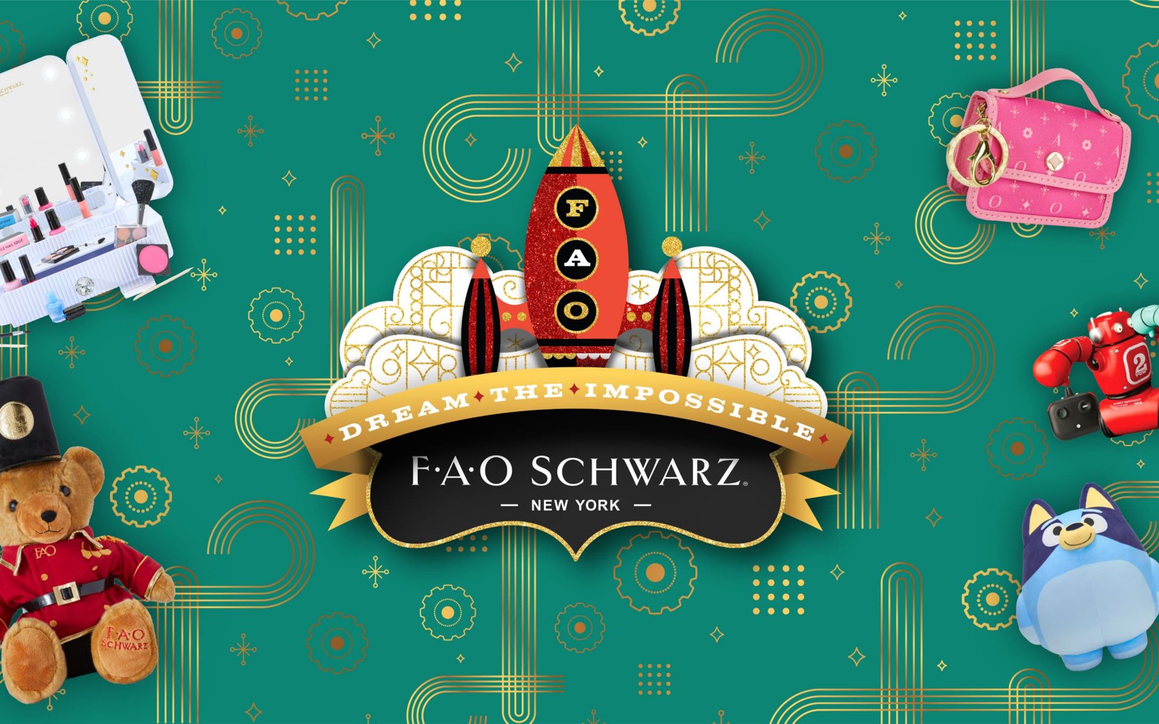 FAO Schwarz: dream the impossible. A rocket ship surrounded by a selection of toys.
