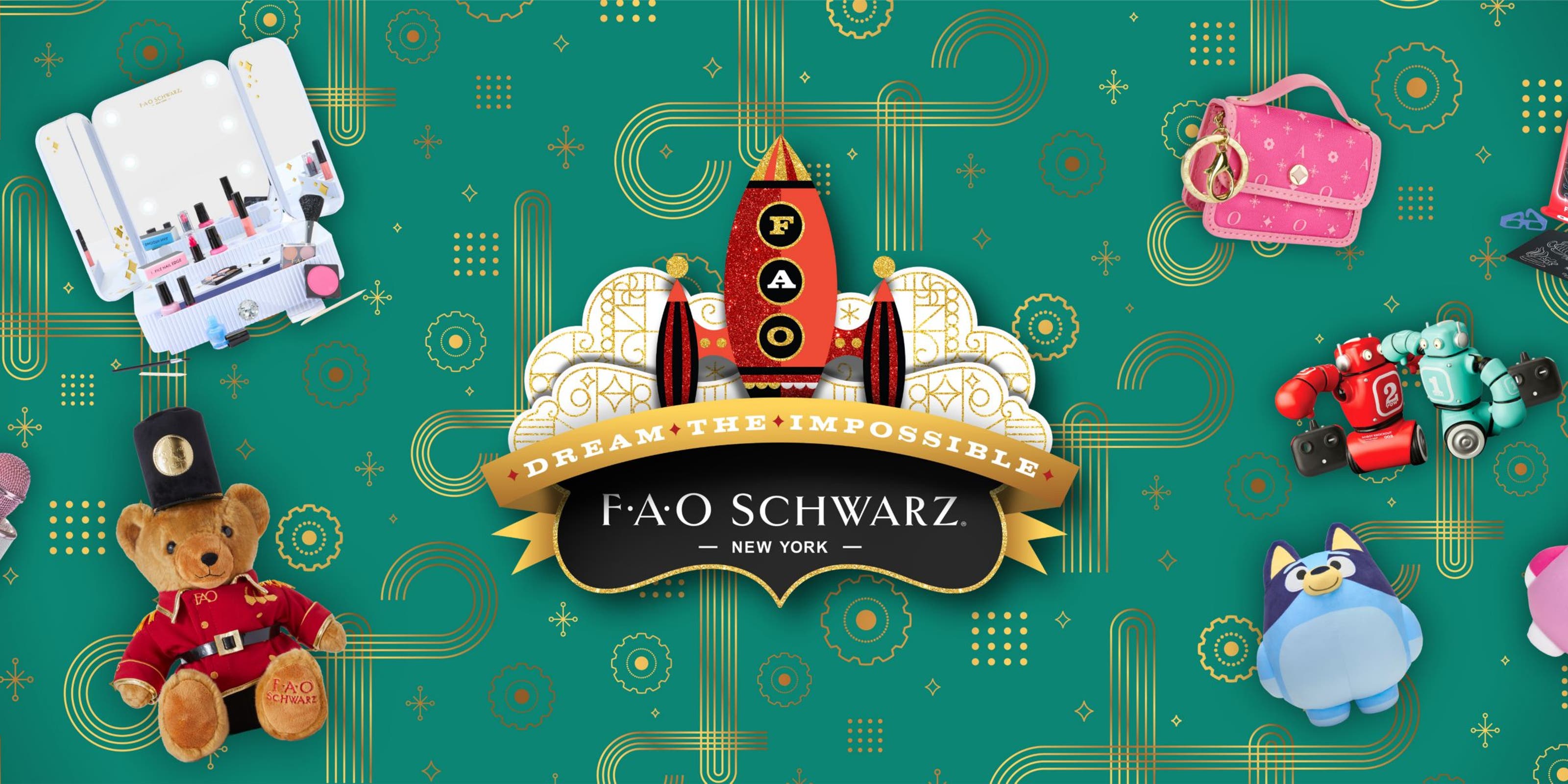 FAO Schwarz: dream the impossible. A rocket ship surrounded by a selection of toys.