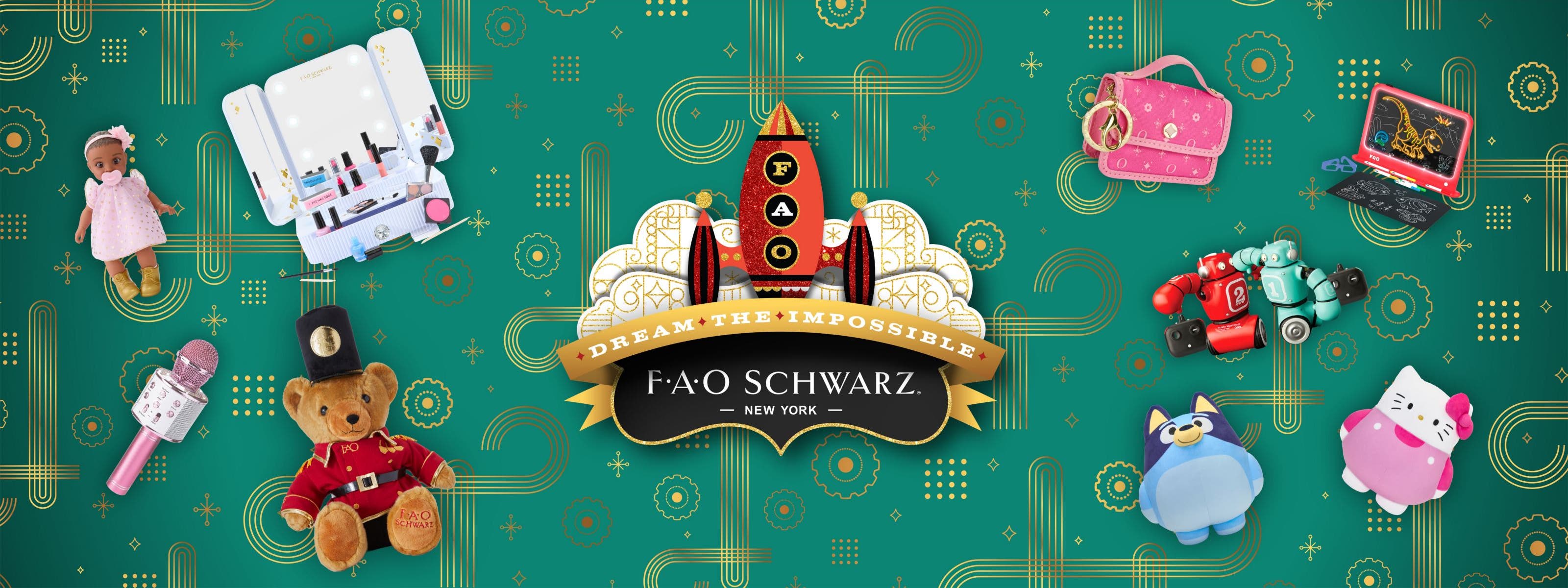 FAO Schwarz: dream the impossible. A rocket ship surrounded by a selection of toys.