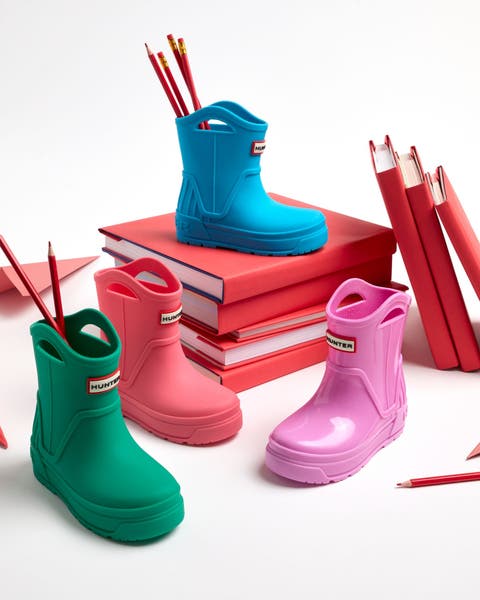 An assortment of colorful rainboots.