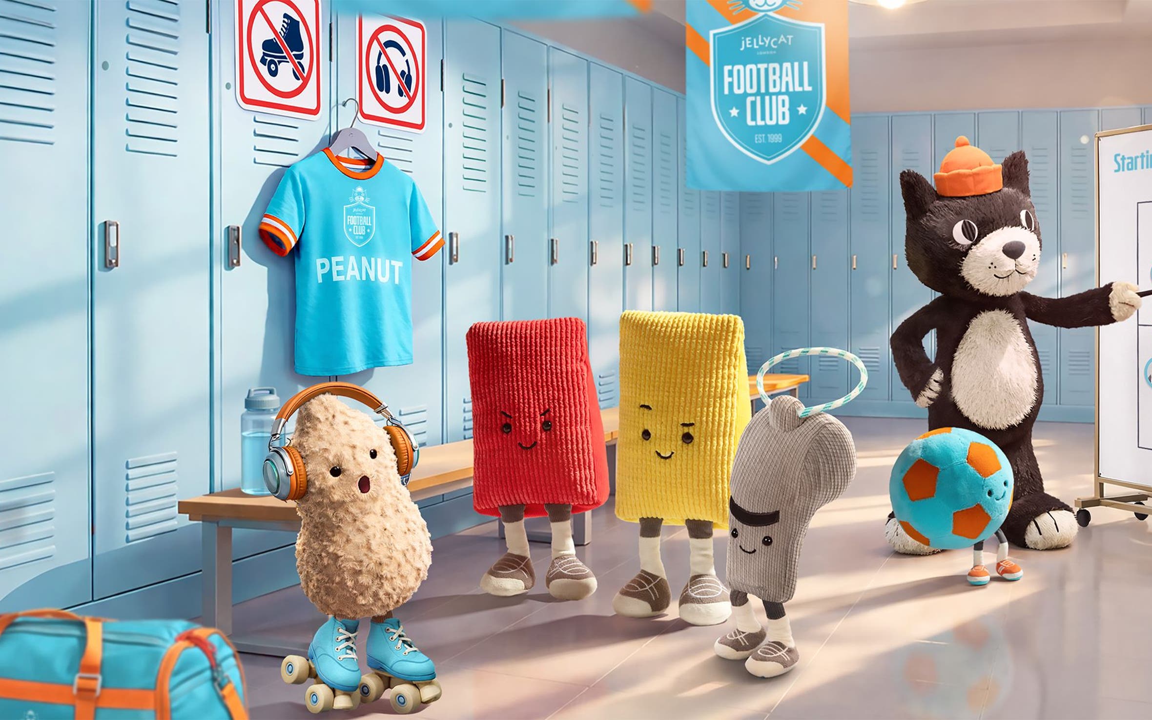 Animation of Jellycat toys having a team huddle.