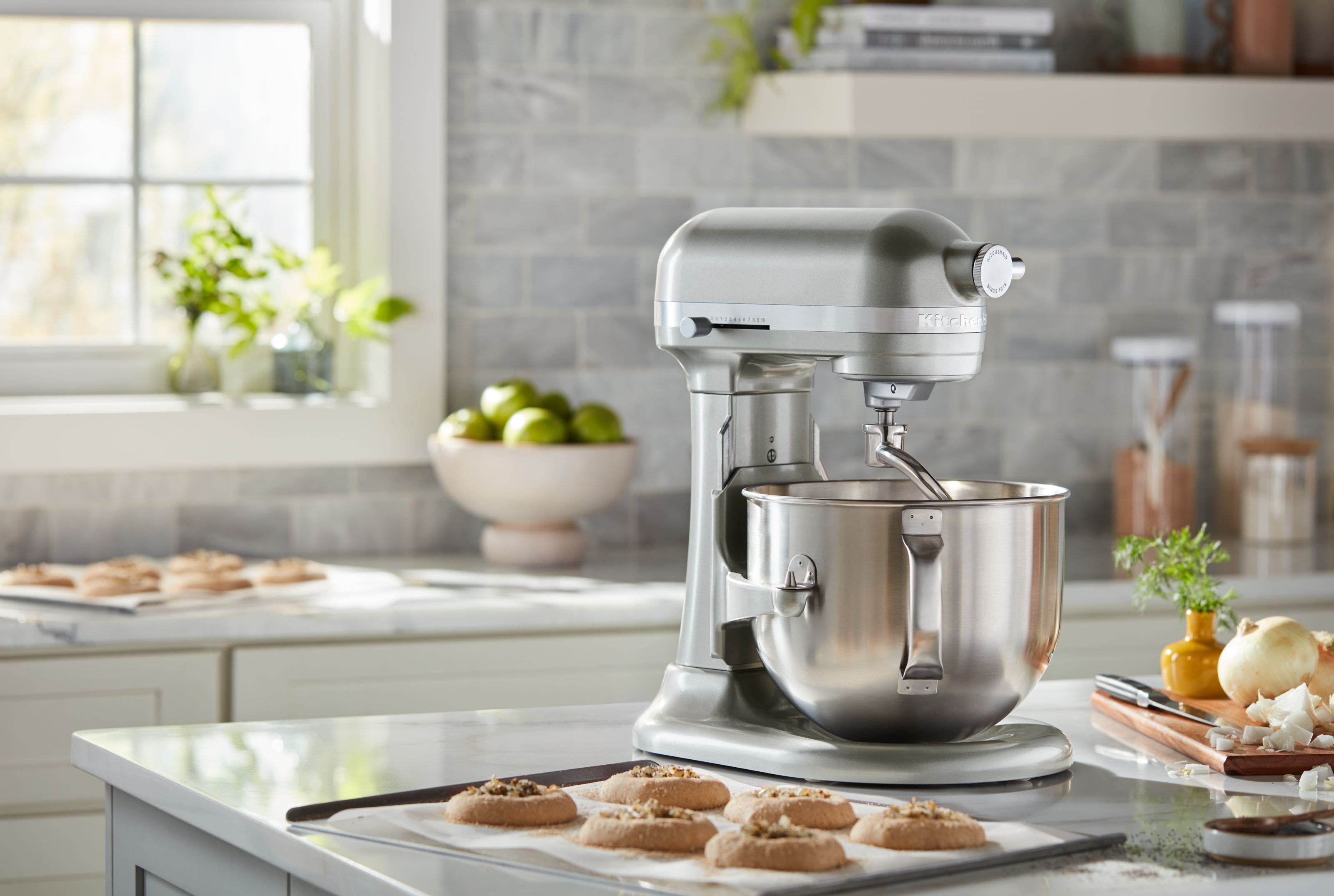 A silver KitchenAid stand mixer.