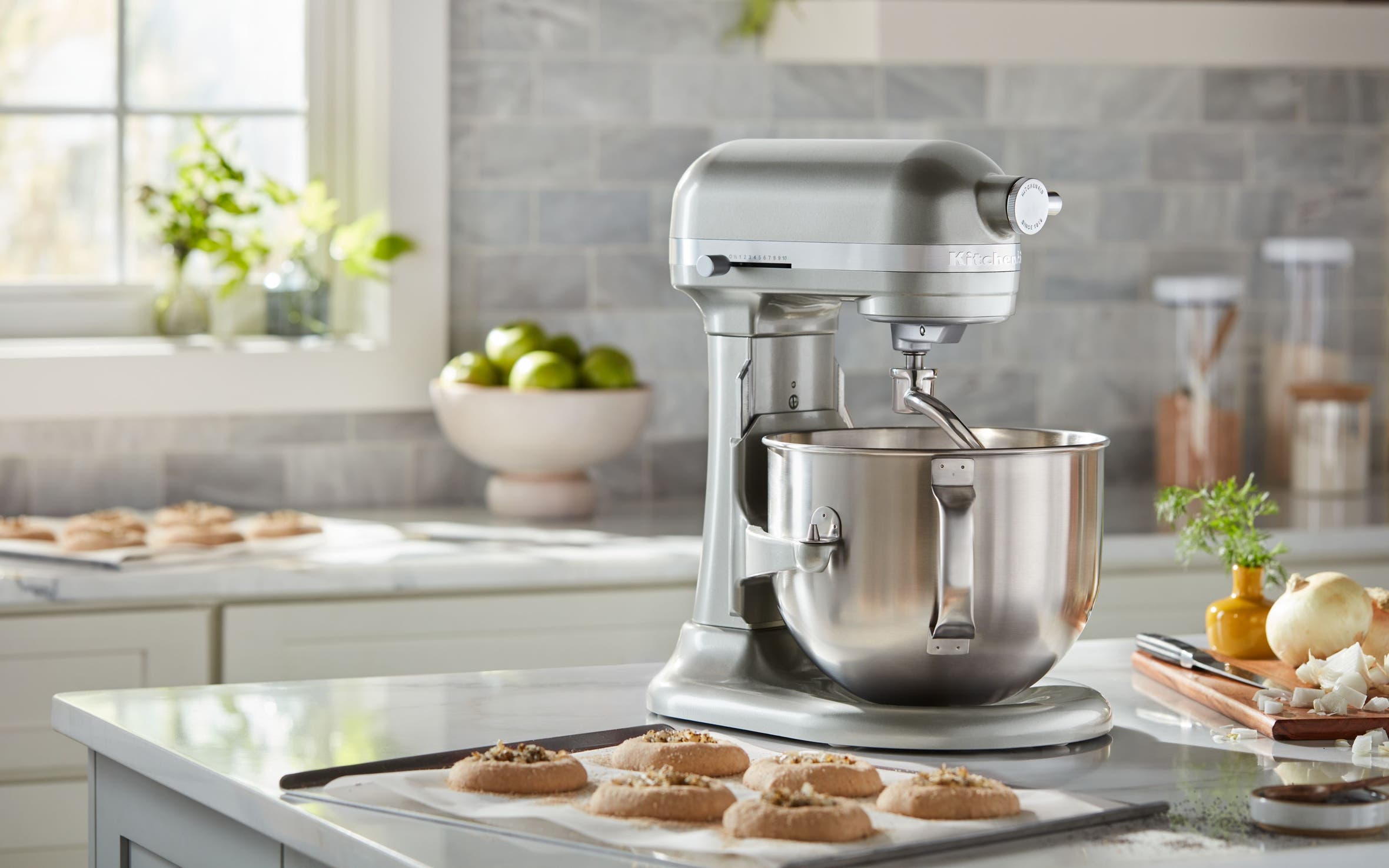 A silver KitchenAid stand mixer.