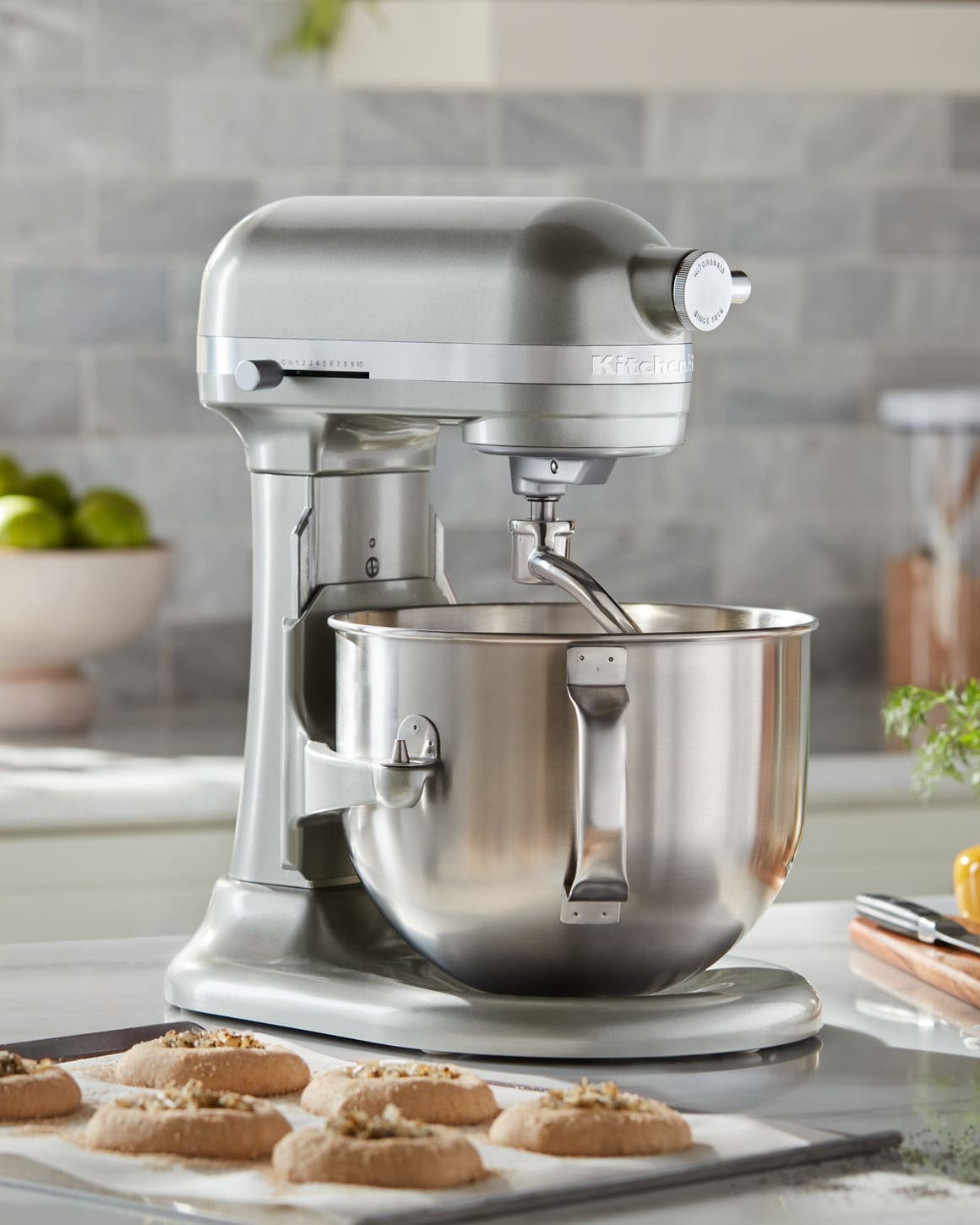 A silver KitchenAid stand mixer.