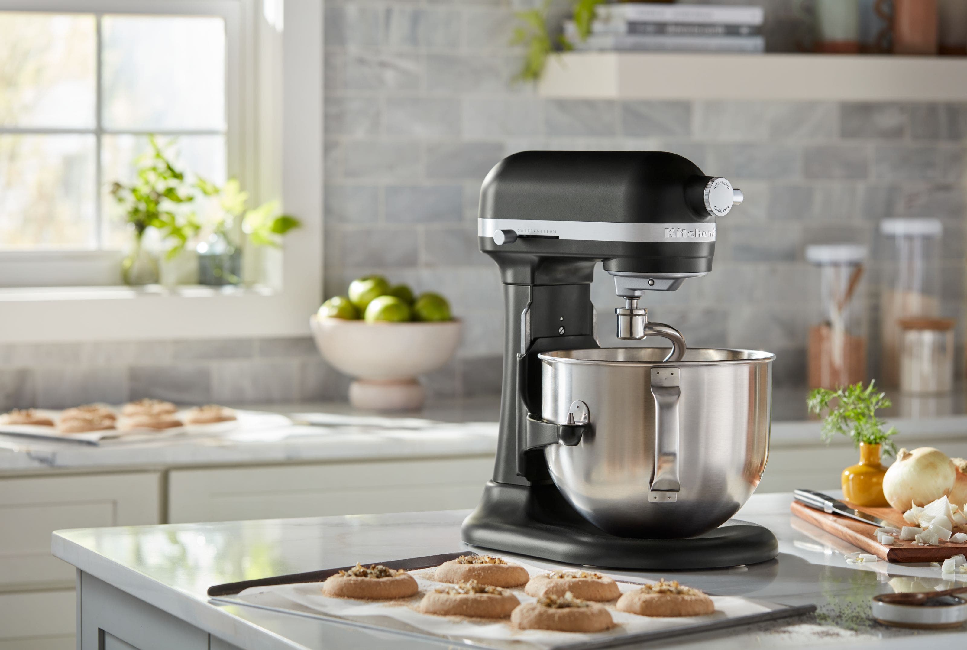 A black KitchenAid stand mixer.
