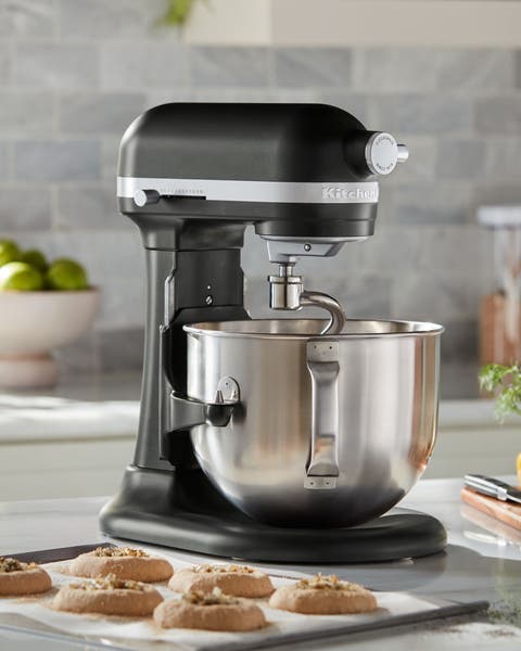 A black KitchenAid stand mixer.