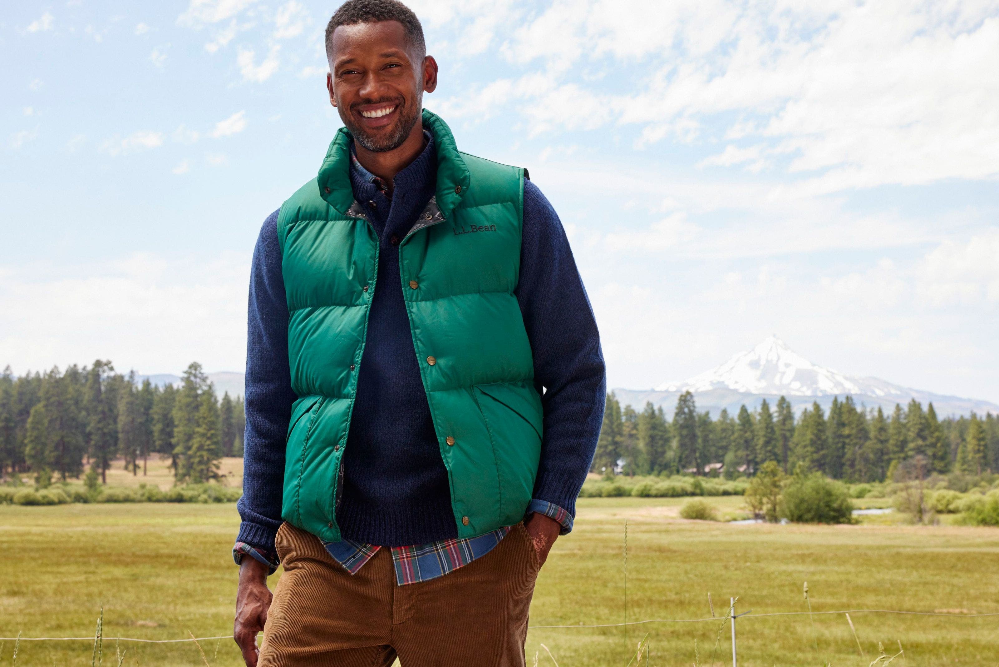 A man wearing a down vest from L.L. Bean.