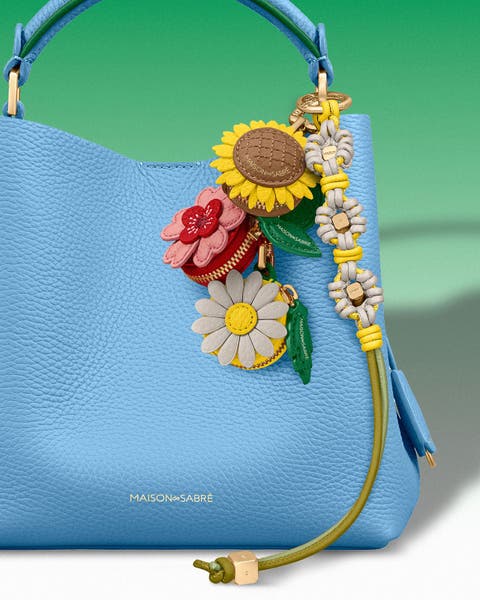 Blue leather handbag.