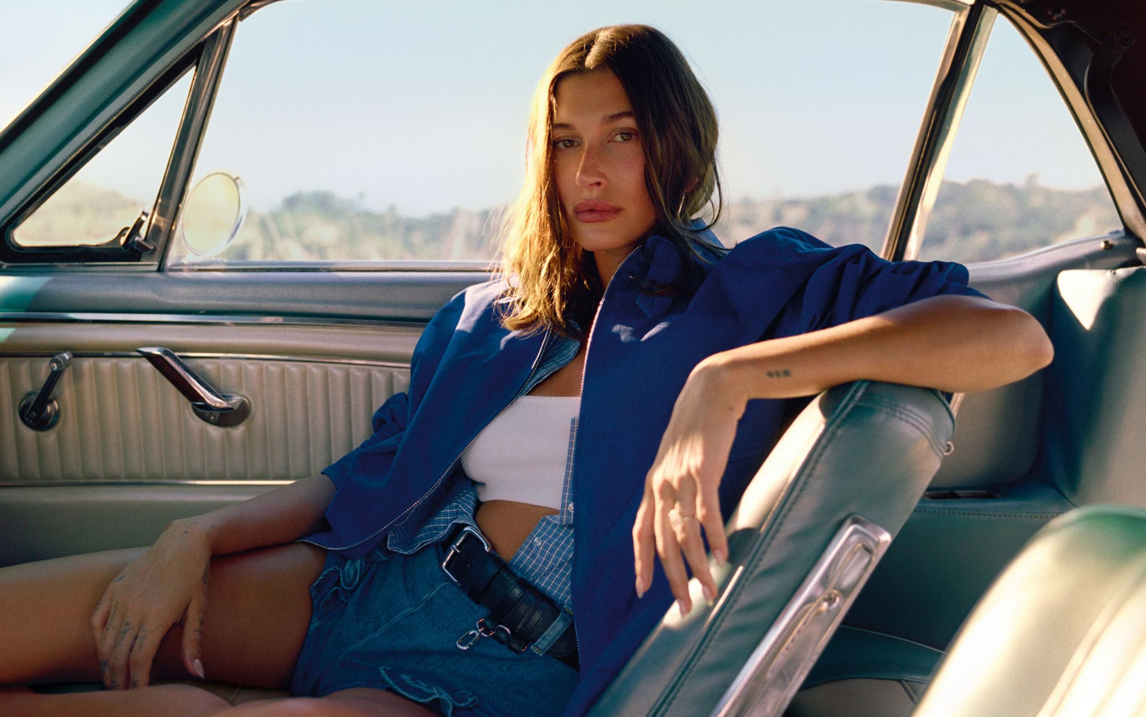 Hailey Bieber in a MANGO look.
