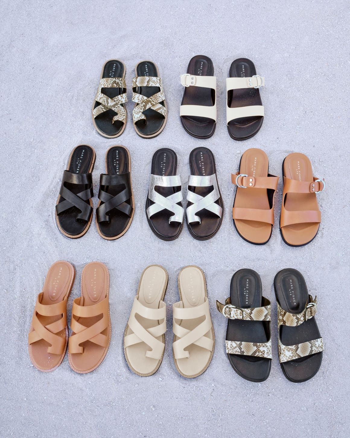 An assortment of flat sandals in beige, tan, silver, black and animal print.