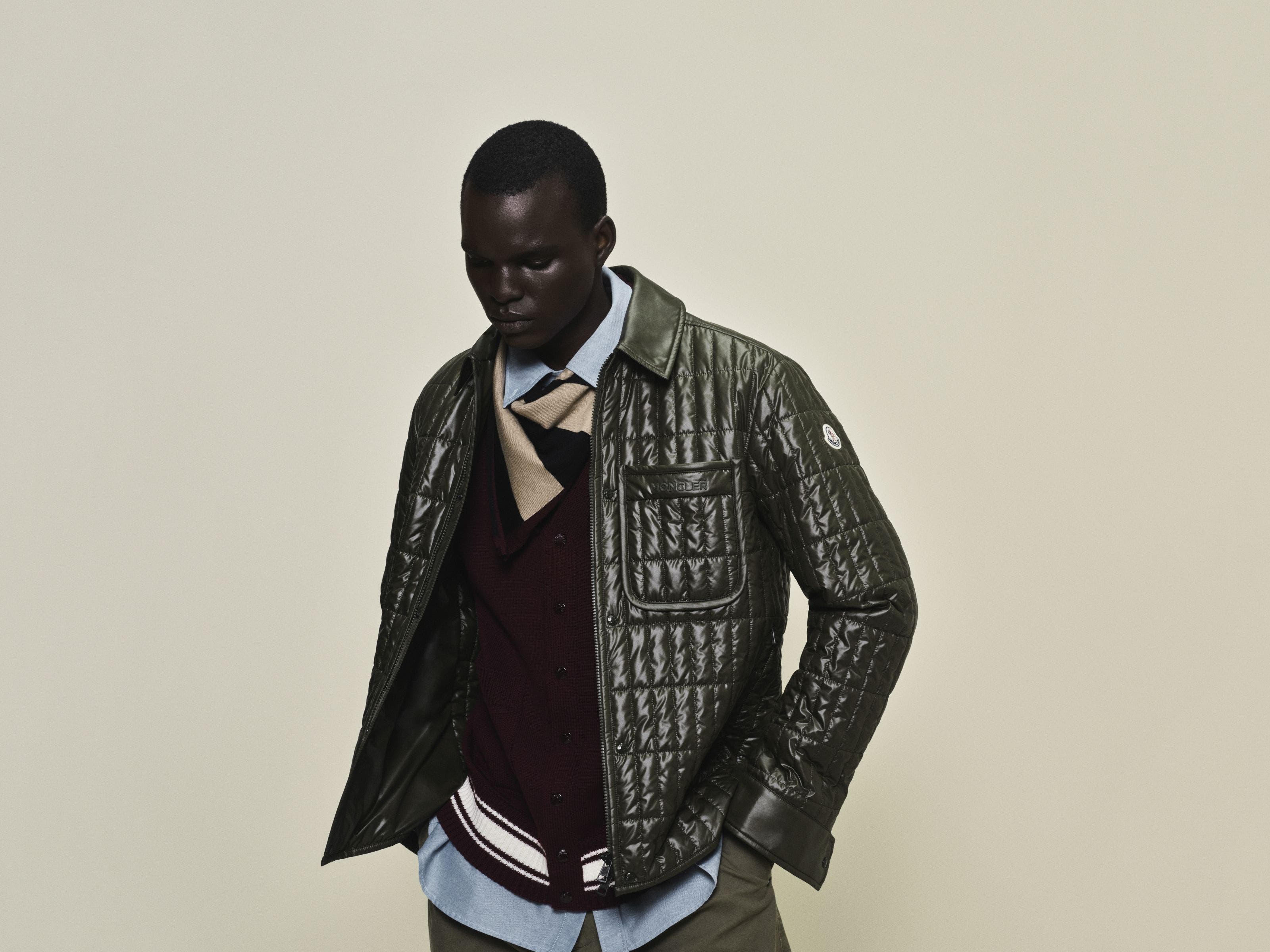 A man wearing a quilted leather shirt jacket.